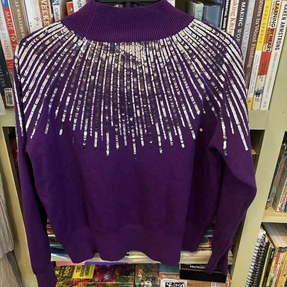 Oliver O Purple Silver Sequin Sweater Mock Neck Small S Super Soft - Picture 4 of 5